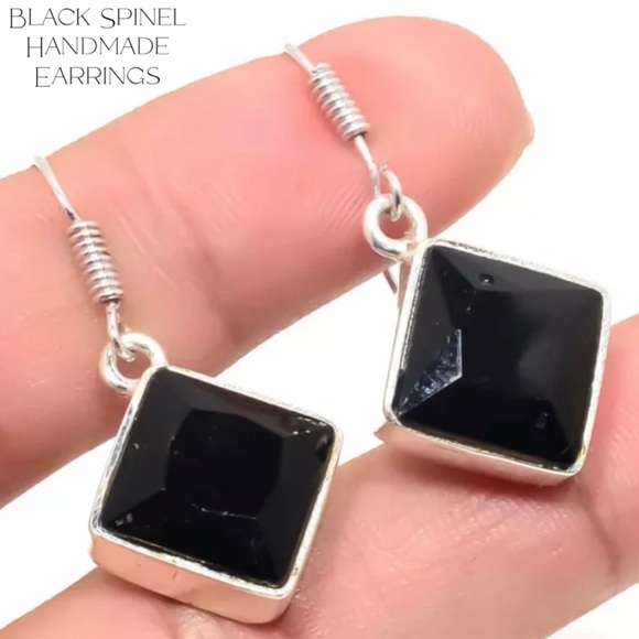 Edgy Black Spinel Gemstone Drop Handmade Earrings - Picture 2 of 3